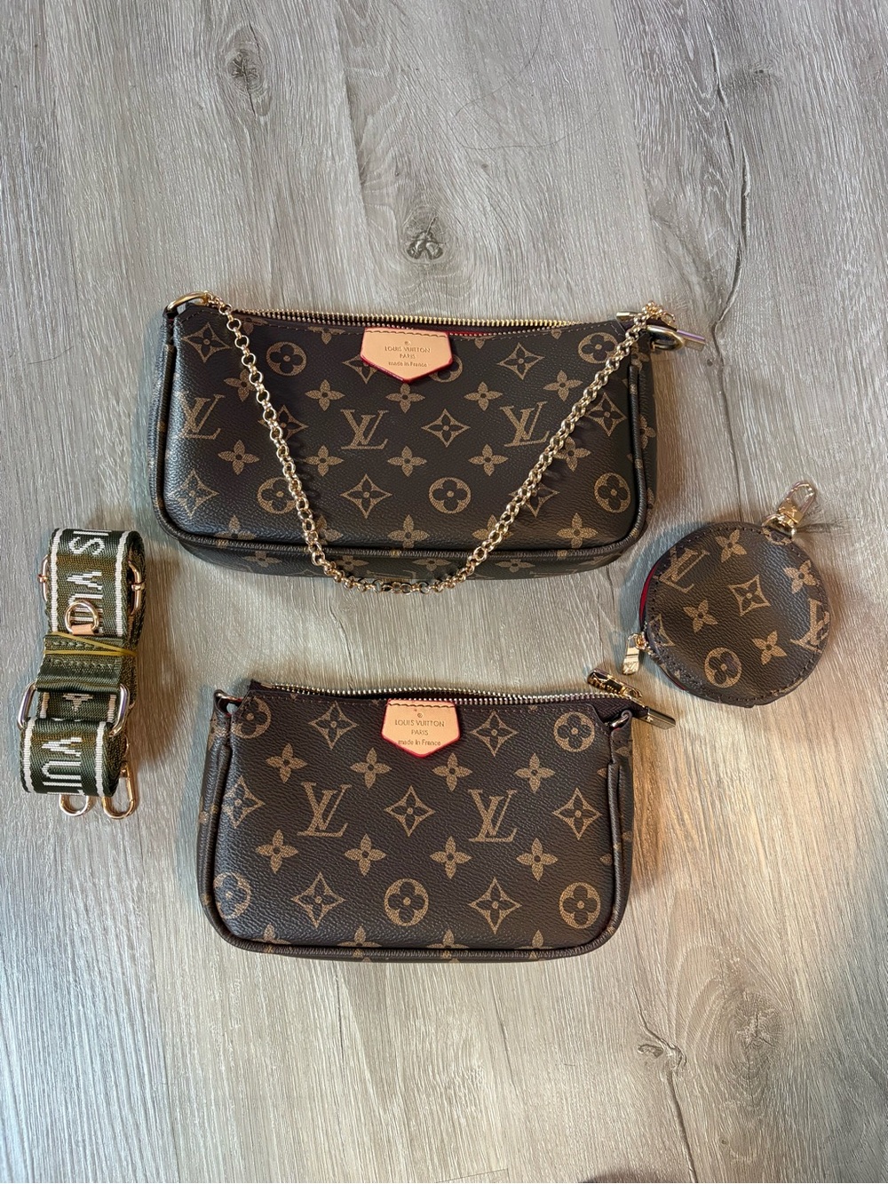 Louis V Pouch Set with Green Strap